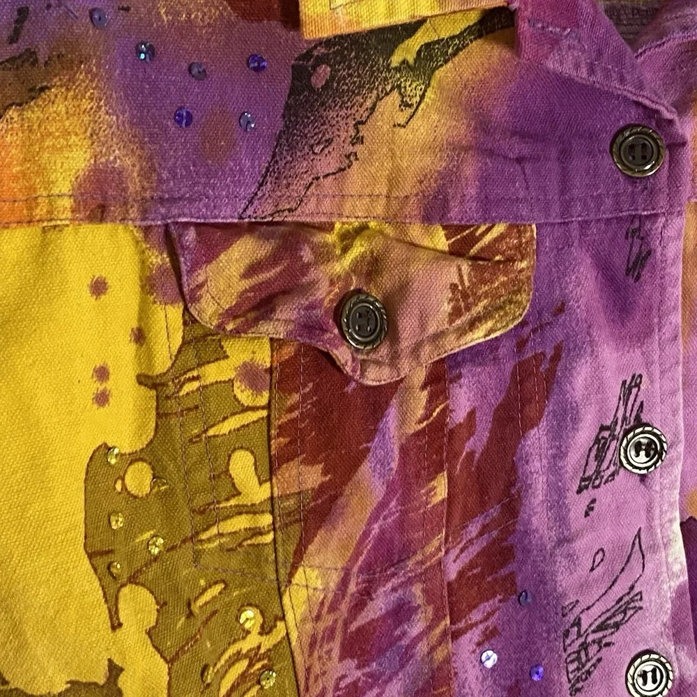 Gaudy Couture Denim Jacket‎ Womens 1X Purple Yellow Embellished Artsy Eclectic